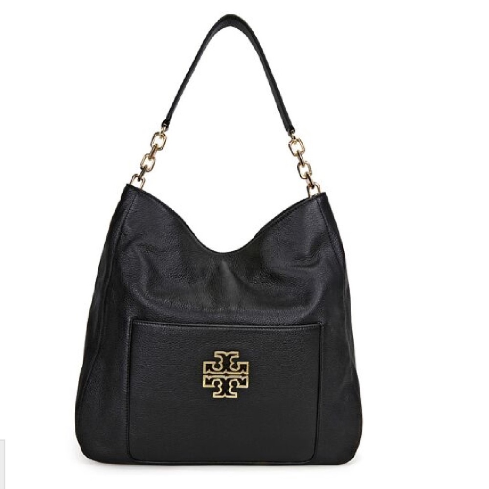 Tory Burch Black Leather Britten Gold Logo Tote